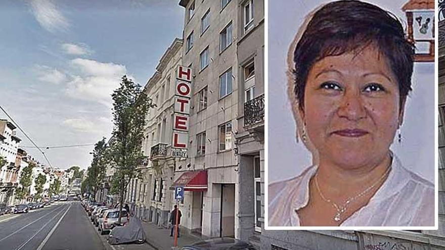 Fachada del hotel Bentley, en Bruselas, donde los menores estuvieron seis días alojados. A la derecha, Gloria Zavala, la víctima.