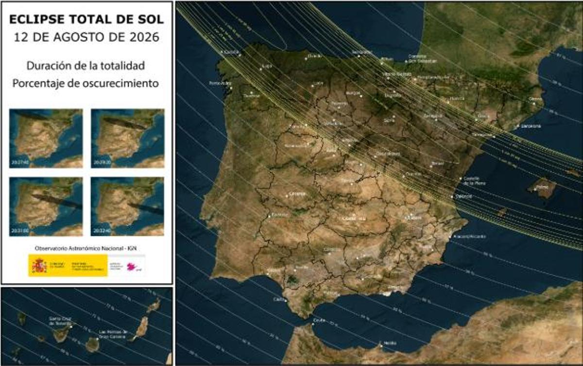 Trayectoria y duración del eclipse solar de este 12 de agosto de 2026.