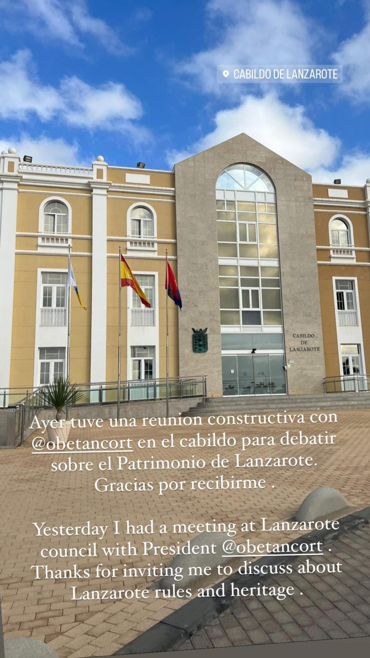 Vanessa Alice agradece la reunión cordial que mantuvo con el presidente del Cabildo de Lanzarote, Oswaldo Betancort.