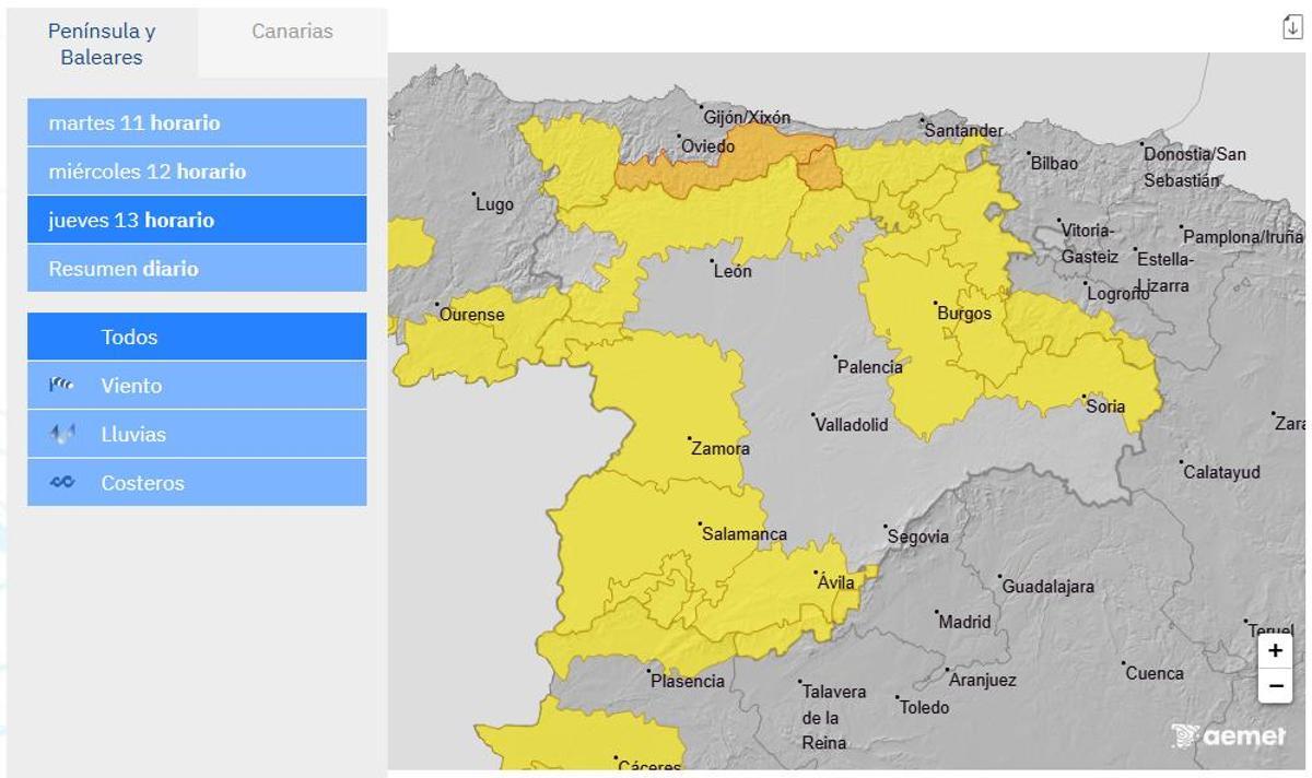 Avisos meteorológicos para el jueves, 13 de octubre