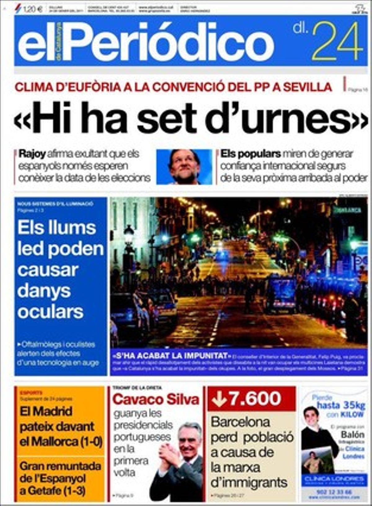 EL PERIÓDICO analitza a dins, a més, l’empobriment europeu a causa de la recessió; que el Govern d’Artur Mas ha recuperat alts càrrecs de l’etapa pujolista; que els joves tutelats suspenen en tots indicadors educatius a Catalunya, i que augmenten la població infantil i les llars unipersonals a Barcelona. També fa una revisió del barri metropolità de Granvia L’Hospitalet i el Gornal, i explica el canvi de model productiu com a recepta contra l’atur. Les claus de Johan Cruyff i el quadern ’Esports’ completen l’oferta del diari.