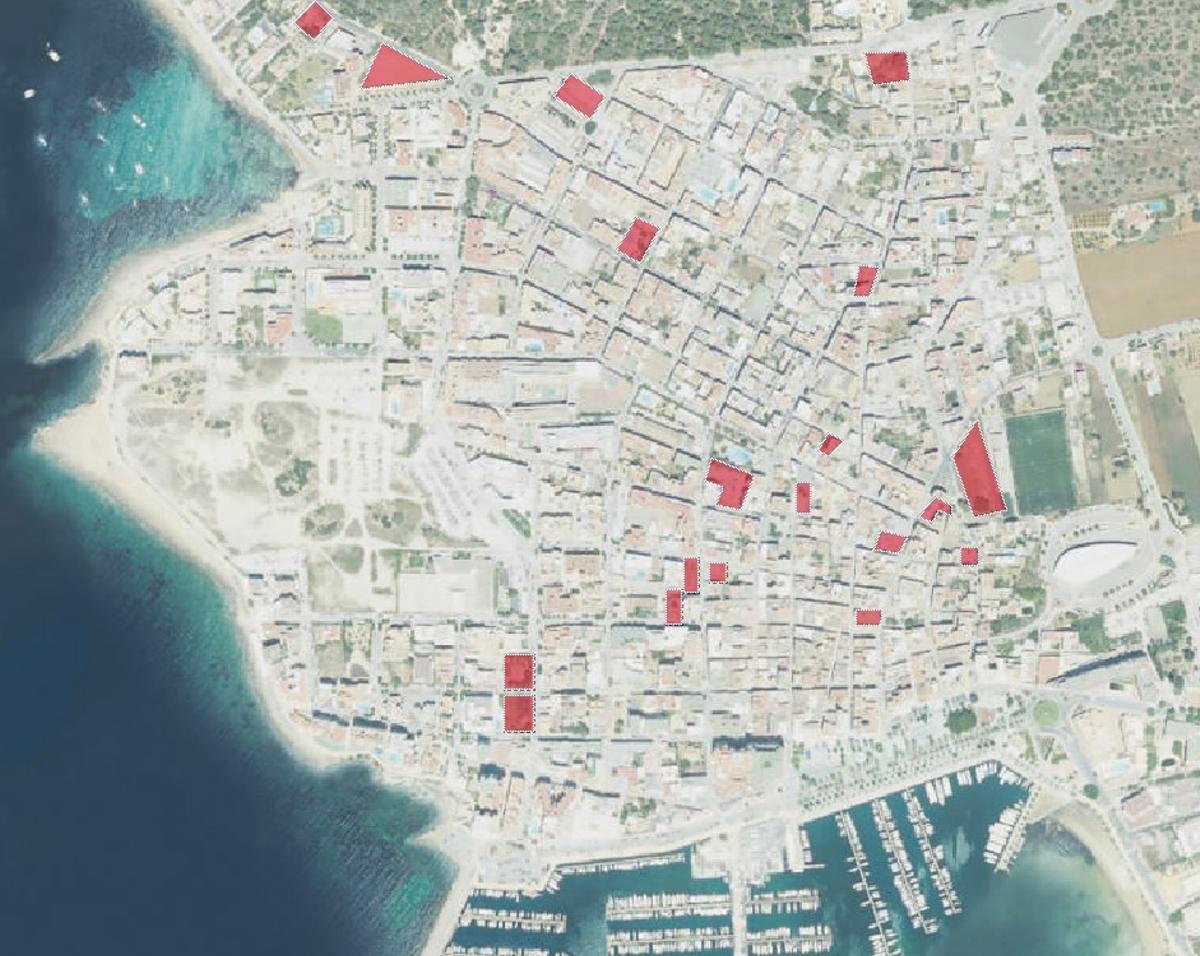 En el mapa, los solares en obras y donde hay previstas promociones de viviendas en el centro del pueblo.