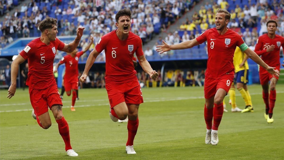 Harry Maguire celebrando su gol en los cuartos de final del Mundial