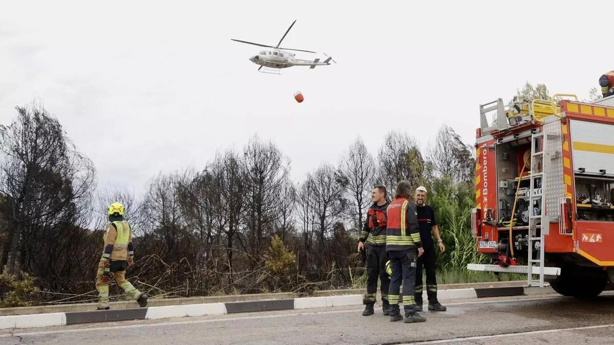 Un bombero forestal y varios de València durante el incendio de la Devesa