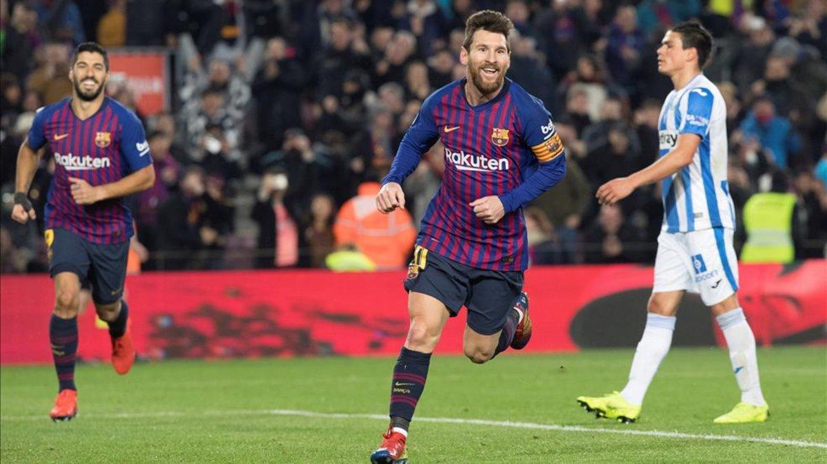 Leo Messi celebra el gol ante el Leganés que le devuelve el liderato en la Bota de Oro