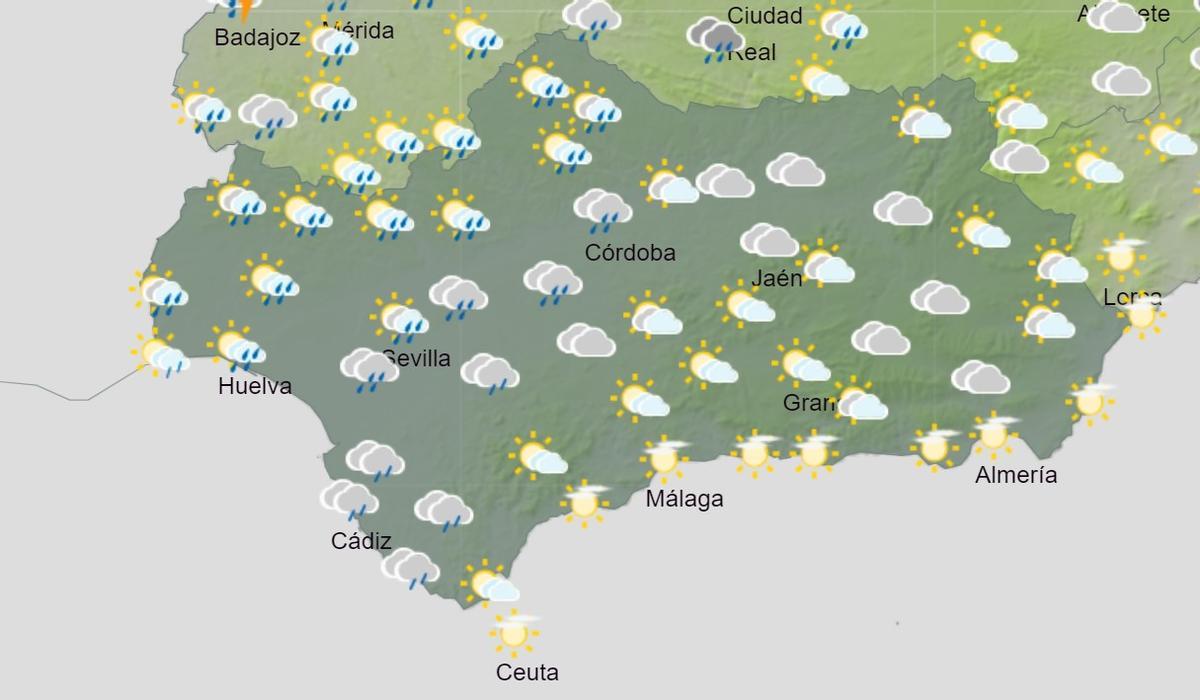 Previsión del tiempo en Andalucía el lunes de 12.00 a 18.00 horas.