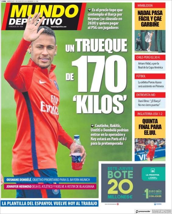 Portada MUNDO DEPORTIVO miércoles 3 de julio 2019