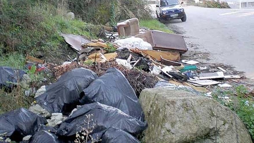 Estado del vertedero ilegal localizado por la Patrulla Medioambiental en la carretera de Camposancos.