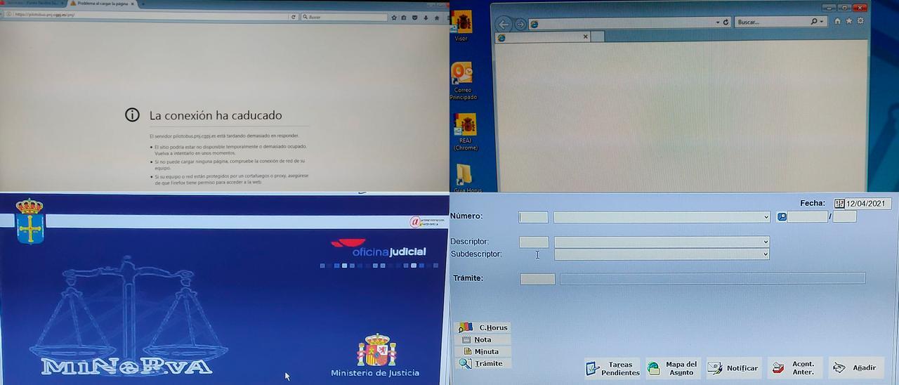 Cuatro pantallazos de ordenadores de los juzgados asturianos colgados por no poder descargar las aplicaciones de uso habitual.