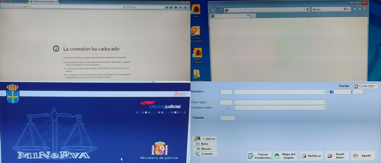 Cuatro pantallazos de ordenadores de los juzgados asturianos colgados por no poder descargar las aplicaciones de uso habitual.