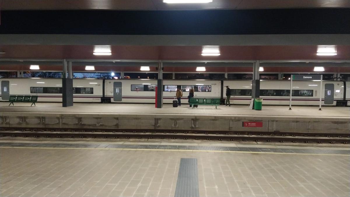 Tren parado en la estación de Zamora con los pasajeros en su interior.
