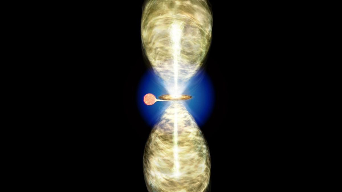 Representación artística de la binaria de rayos-X con agujero negro V4641 Sagittarii. En azul se muestra la tenue burbuja de emisión de rayos-X, donde se produce la aceleración de partículas, mientras que en amarillo se representa la zona mucho más extendida de emisión gamma, que indica hasta dónde se propagan las partículas aceleradas.