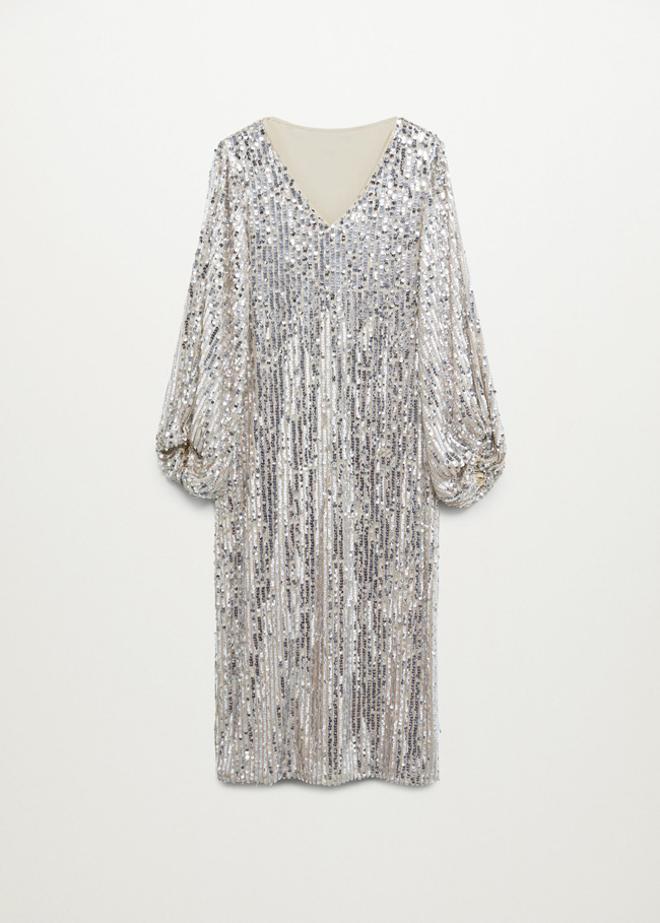 Vestido midi de lentejuelas plata, de Mango