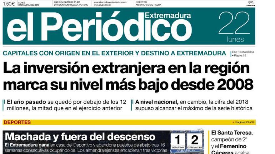 Esta es la portada de EL PERIÓDICO EXTREMADURA correspondiente al día 22 de abril del 2019