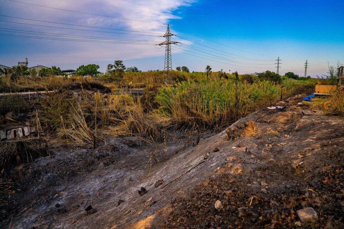 El 1 de julio de 2025, un día después del incendio, la tierra quemada se extiende por una parte de la zona de barracas cercana al Port de Barcelona, testimonio mudo del fuego que arrasó el lugar.