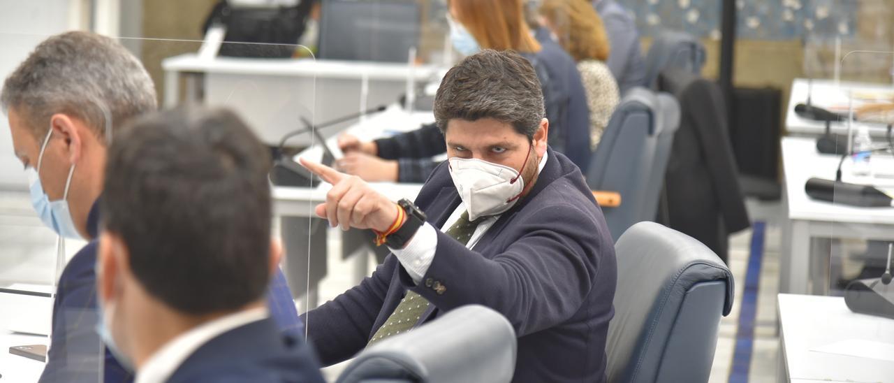 López Miras responde a una pregunta durante un Pleno de la Cámara, en la Asamblea Regional de Murcia.