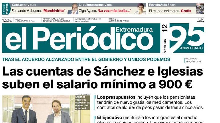 Esta es la portada de EL PERIÓDICO EXTREMADURA correspondiente al día 12 de octubre del 2018