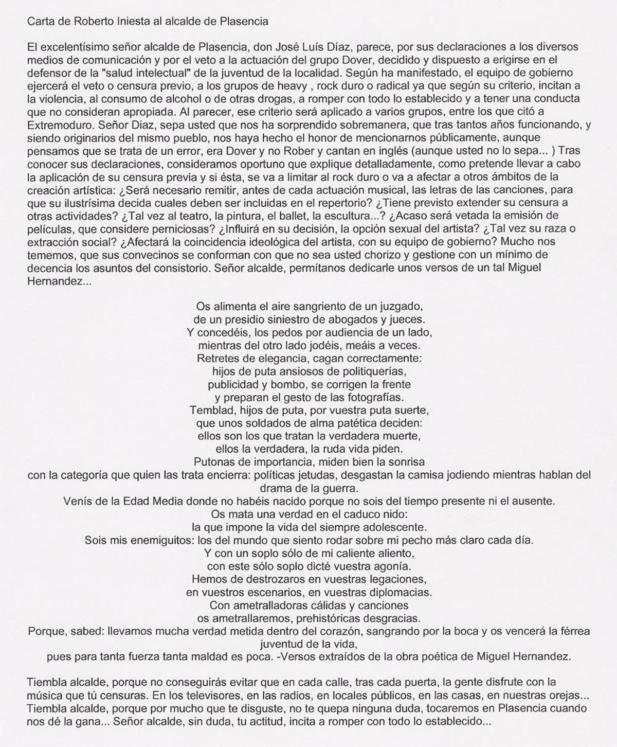 Carta que Robe Iniesta escribió a José Luis Díaz, en el año 2000.