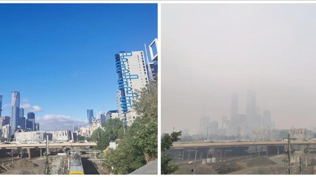 La misma vista de la ciudad de Melbourne el 9 de enero (izquierda) y el 14 de enero, con presencia de humo por los incendios de Australia