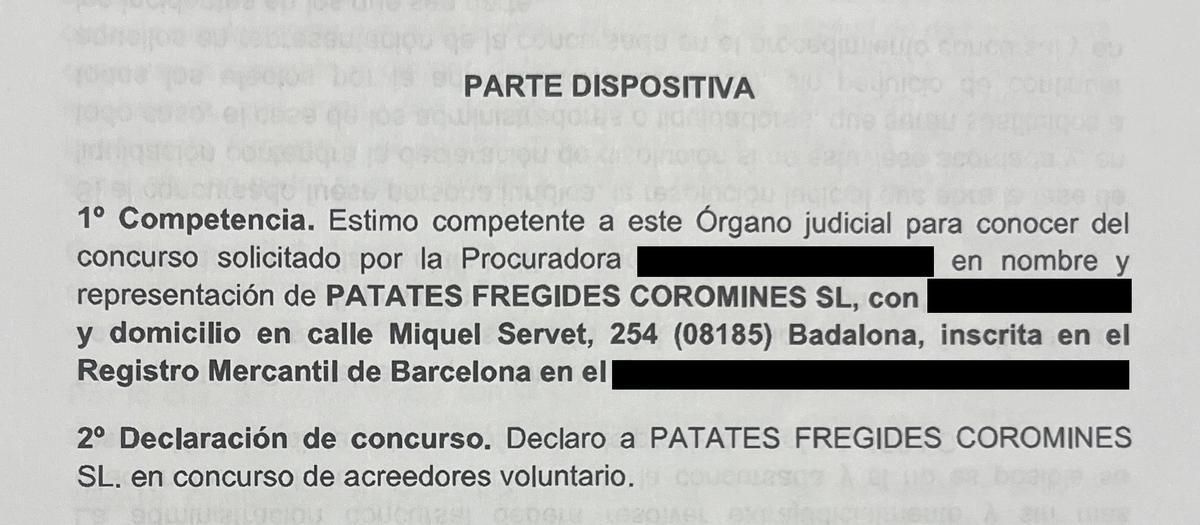Auto de concurso de acreedores de la empresa de las patatas Coromines de Badalona.