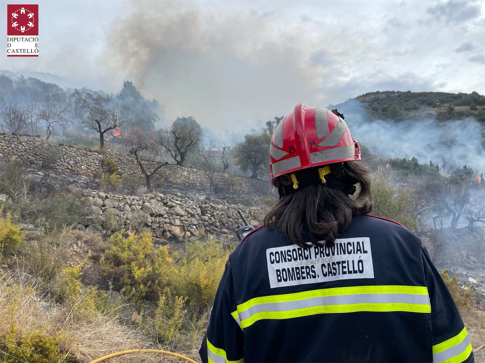 Efectivos aéreos y medios terrestres tratan de sofocar un incendio en la Serra d'en Galceran