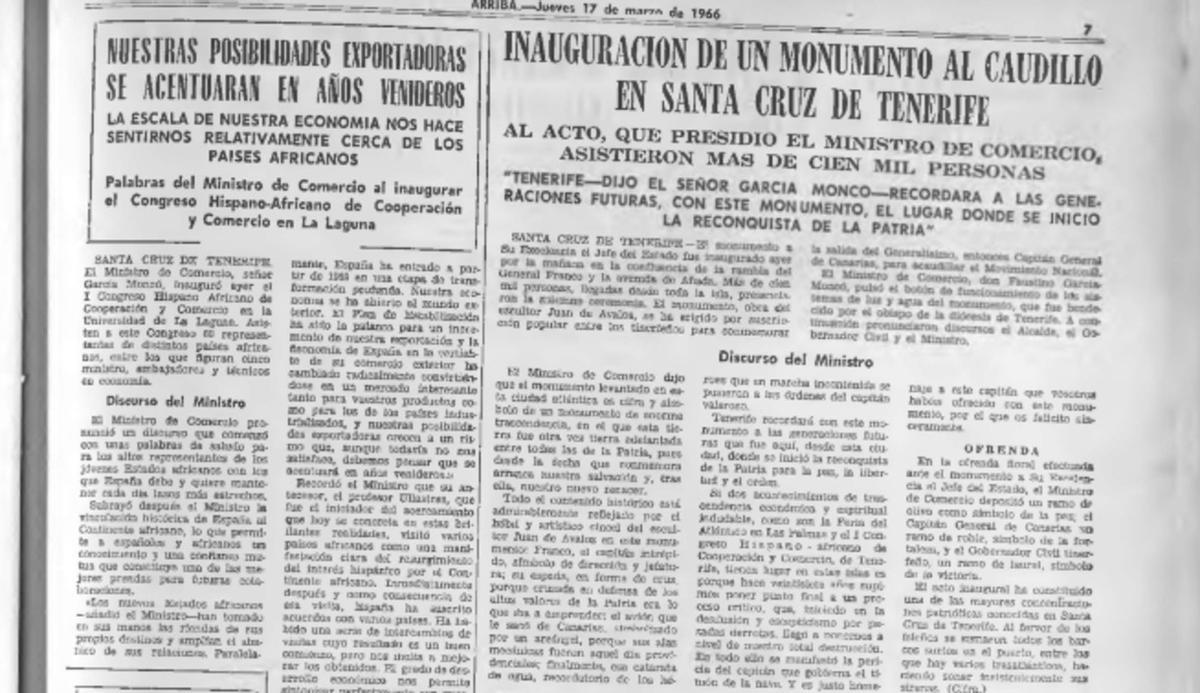 Publicación del 17 de marzo de 1966, en el periódico Arriba, sobre la inauguración del monumento a Franco en Santa Cruz.