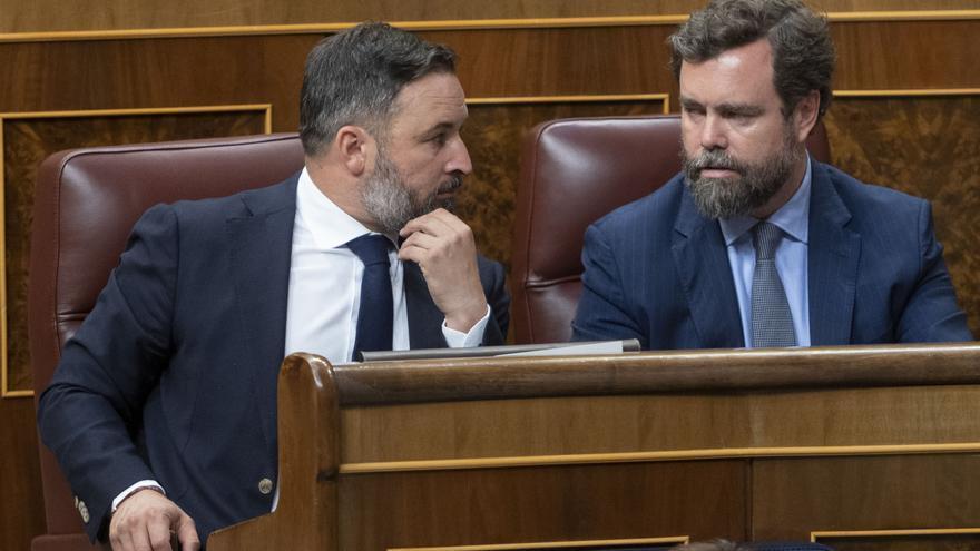 El líder de Vox, Santiago Abascal (i), y el portavoz de Vox en el Congreso, Iván Espinosa de los Montero.