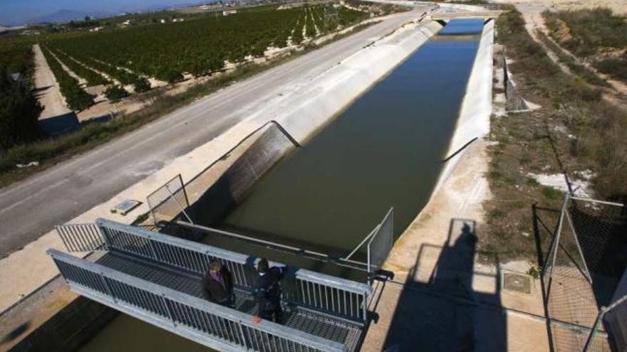 Dos regantes observan desde un puente una de las canalizaciones por las que circula el agua del Tajo en la provincia.