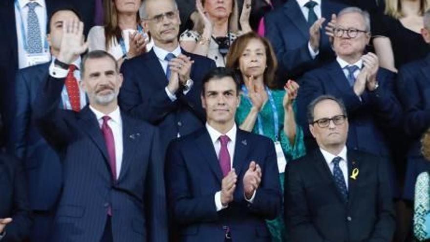 El rei Felip VI, Pedro Sánchez i Quim Torra, ahir a Tarragona