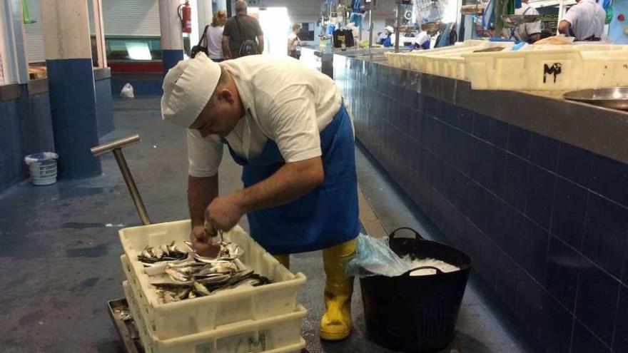 Un placero en el mercado de abastos de Bueu preparaba ayer una caja de sardinas. // Gonzalo Núñez