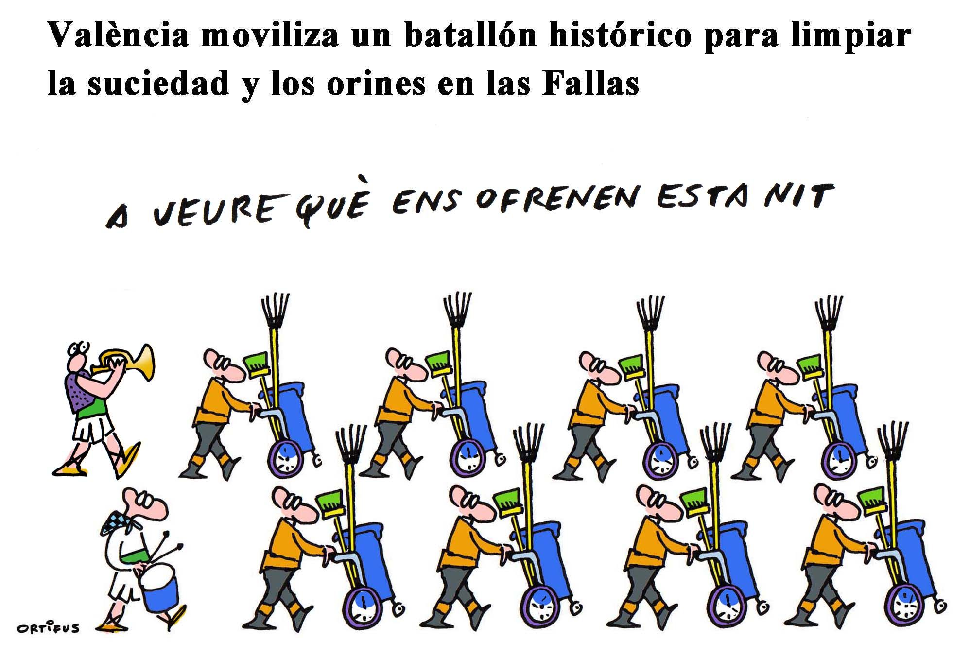 València moviliza un batallón histórico para limpiar la suciedad y los orines en las Fallas