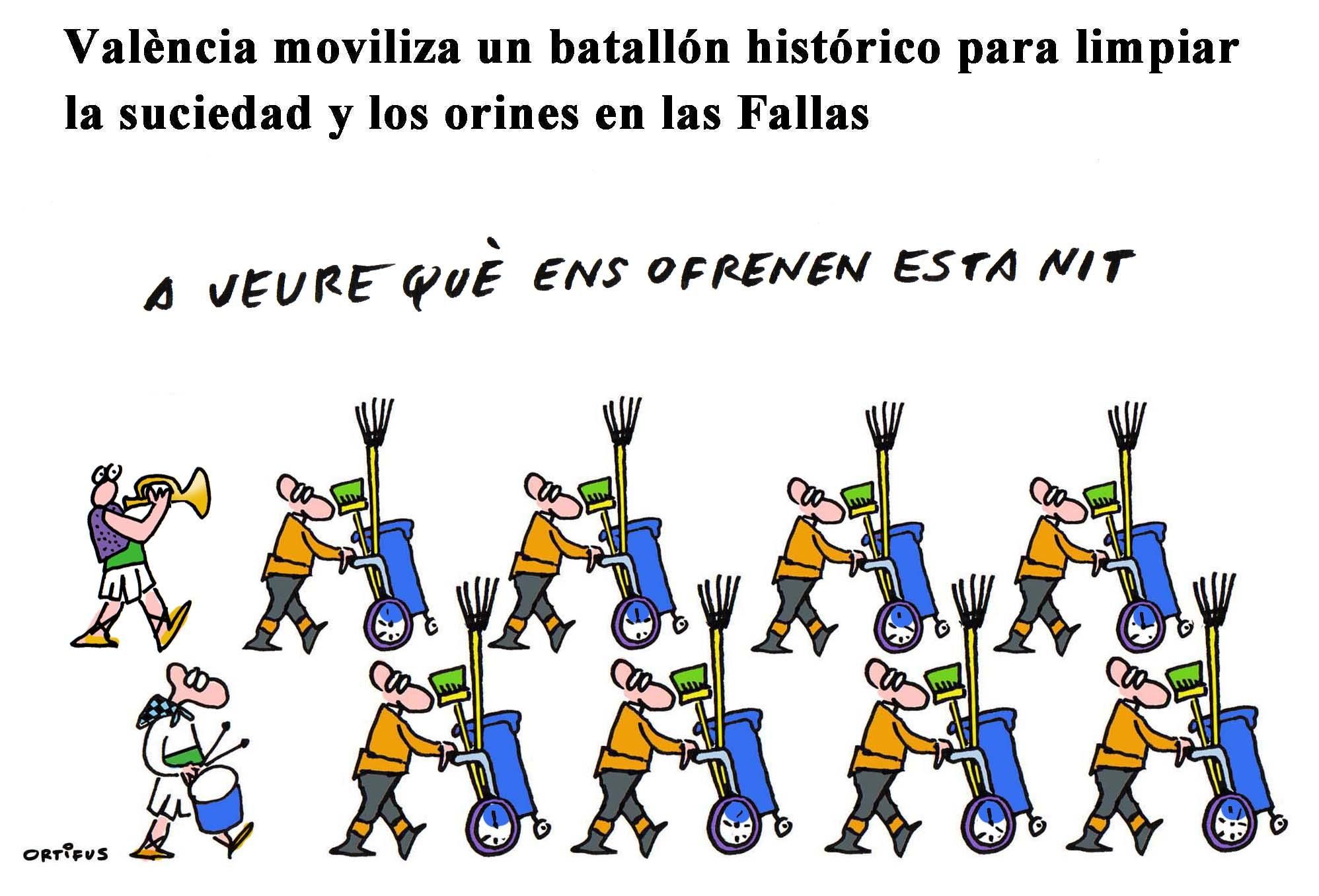 València moviliza un batallón histórico para limpiar la suciedad y los orines en las Fallas