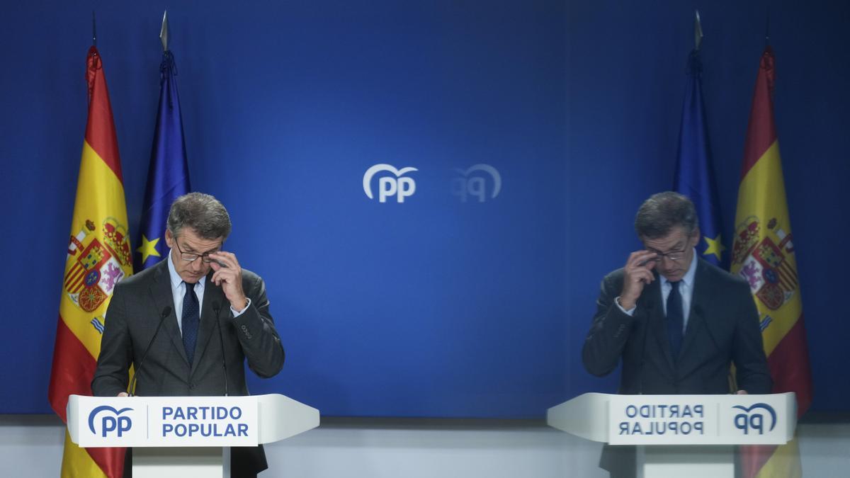 El líder del PP, Alberto Núñez Feijóo, durante la comparecencia en Génova para responder a la ruptura de Vox.