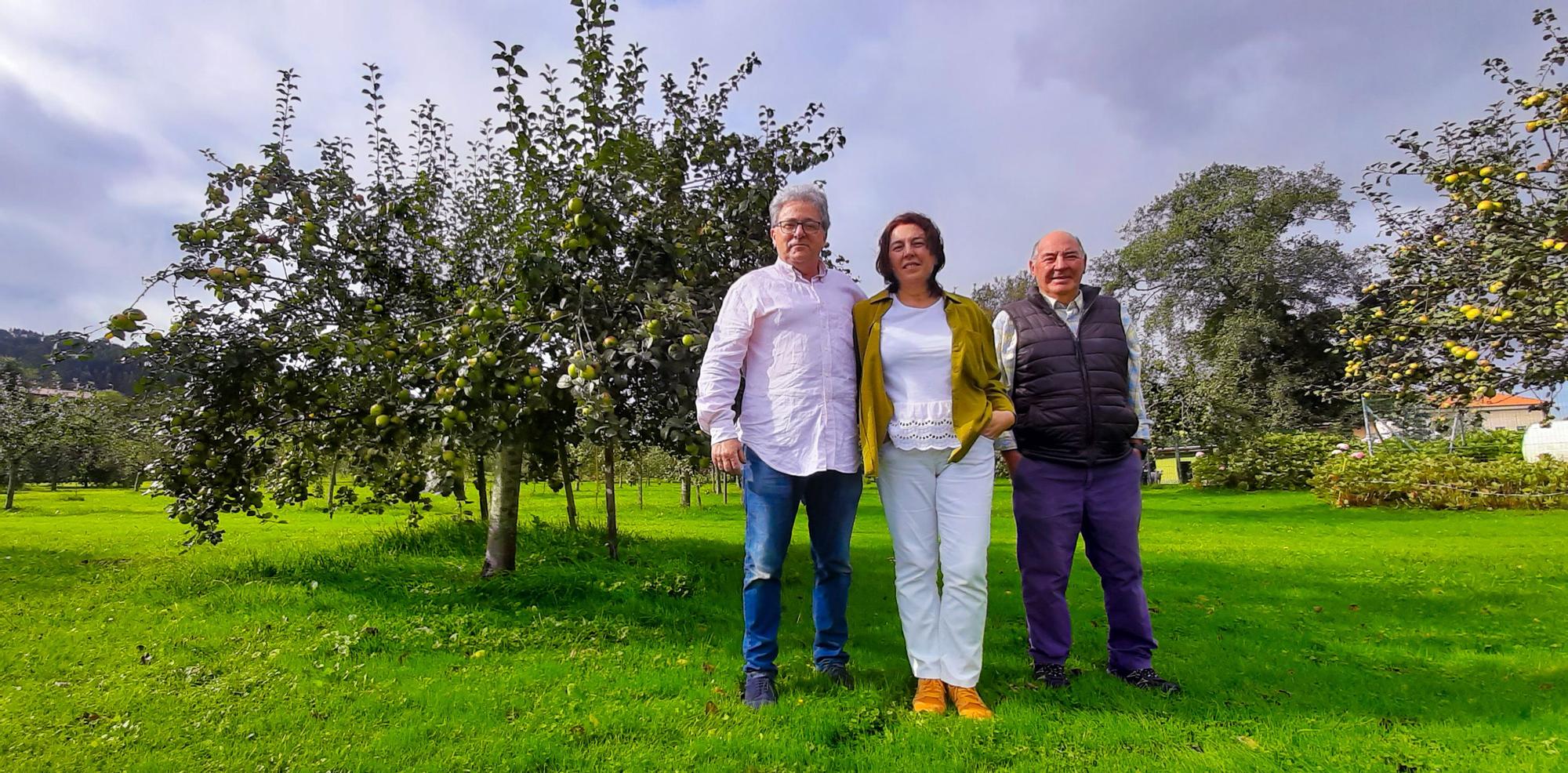 José Manuel Buznego Ruíz, Mariol Rodríguez Suárez y José Ramón Rodríguez, en un rincón de su pomarada en La Vega (El Valle)