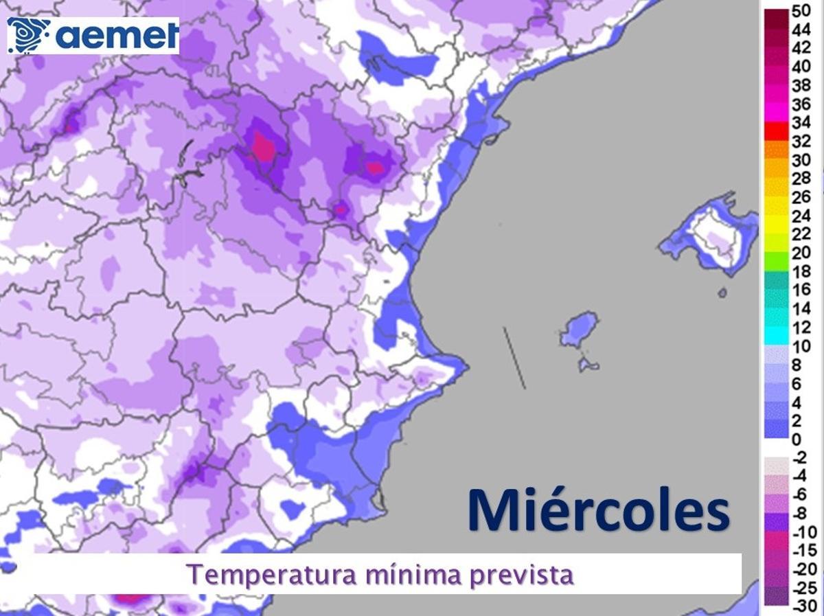 Temperaturas mínimas previstas para el miércoles en la Comunitat Valenciana.