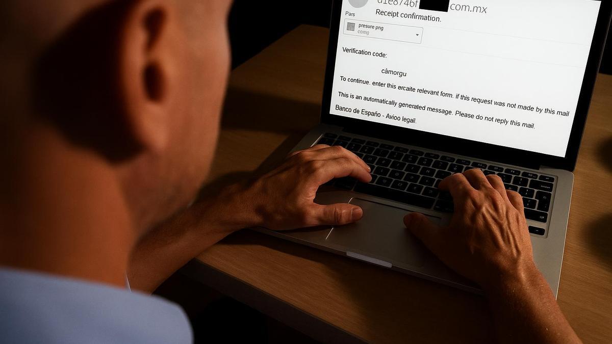 Un home mirant el mail de l'estafa.