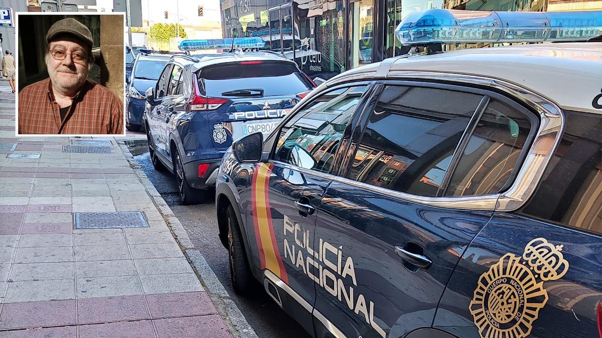 Coches policiales en el lugar de León donde se produjo el suceso. En el recuadro, Carlos García, hostelero fallecido.