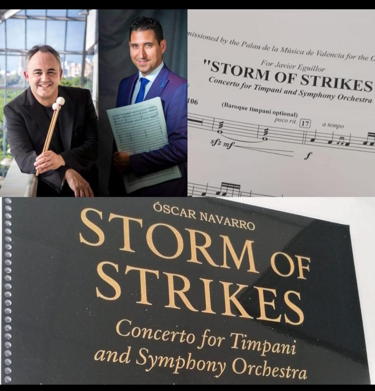 Eguillor y Navarro junto a la partitura de 'Storm of strikes' que interpretarán el 16 de enero en el Palau de la Música.