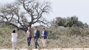 El presidente del Gobierno, Pedro Sánchez, pasea por el Parque Nacional de Doñana acompañado del director de la Estación Biológica y del delegado del Gobierno en Andalucía.