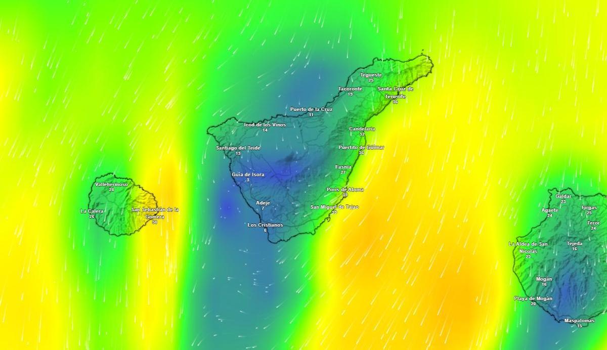 Mapa del tiempo con los vientos sobre las islas.