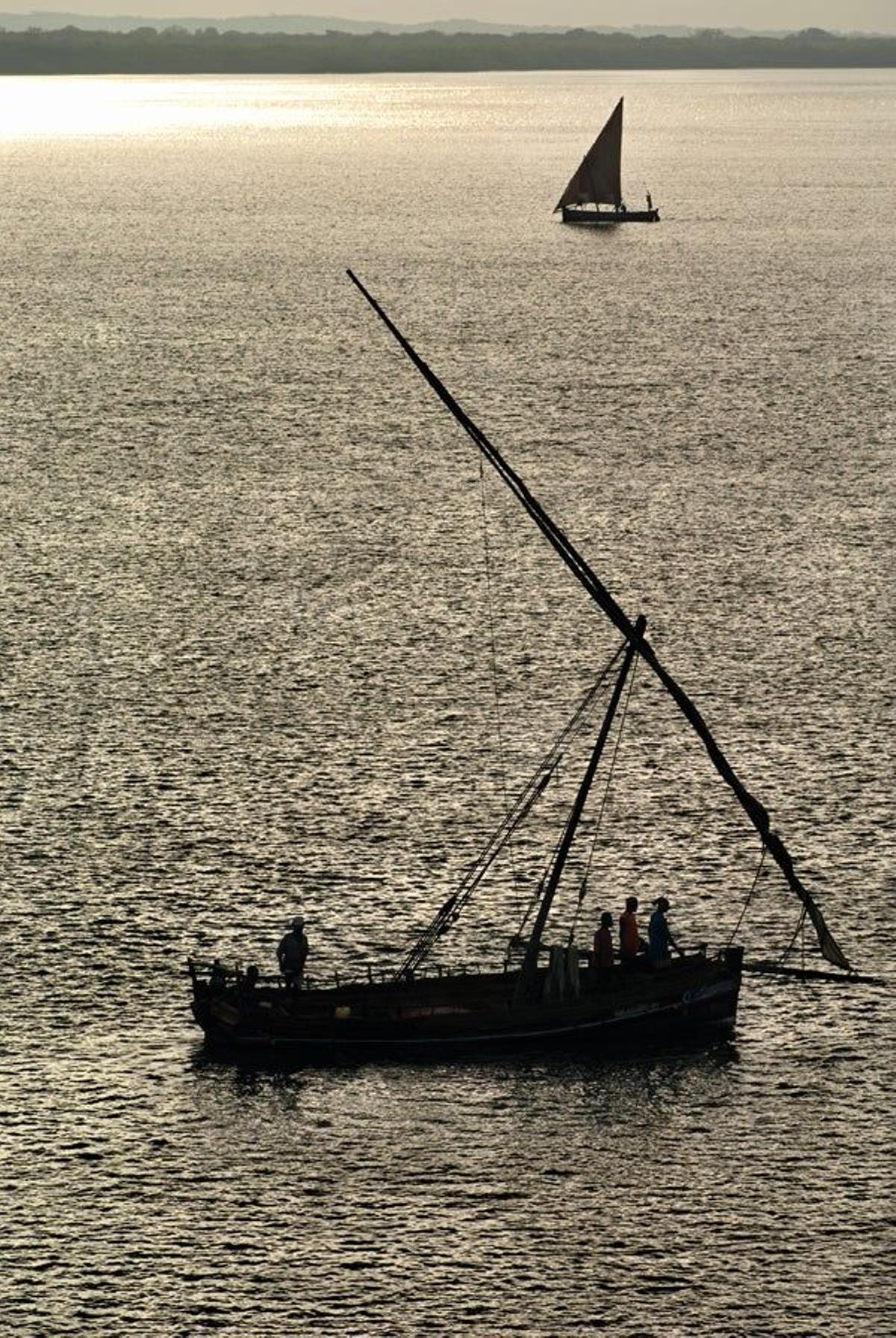 El falucho o dhow, nave artesanal de un solo palo cuya vela triangular permite una navegación independiente de la dirección del viento.