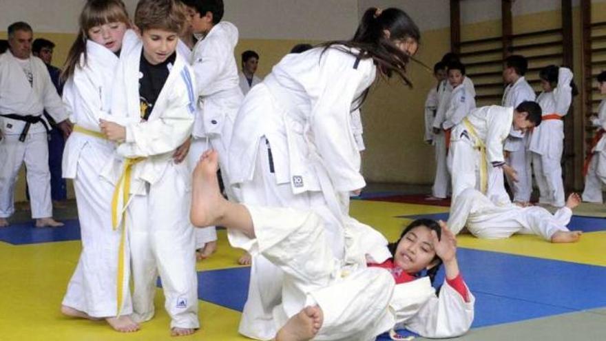 Los alumnos, durante la exhibición en el gimnasio de Barrantes.  // Noé Parga