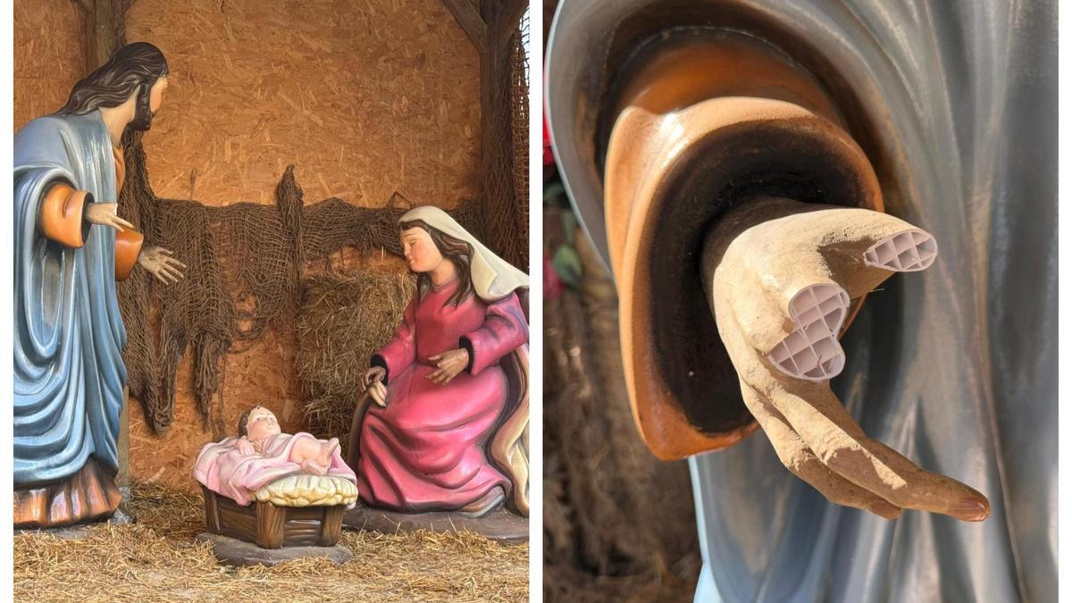 A la izquierda, el montaje del belén de Ontinyent. A la derecha, una de las manos con los dedos amputados.