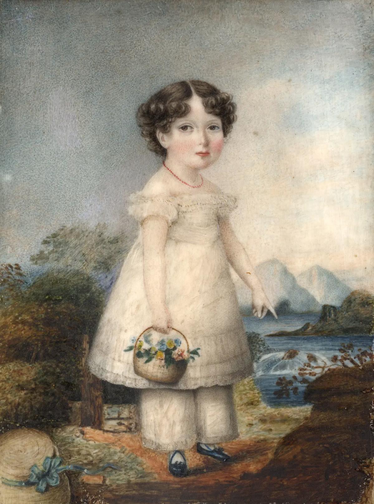 Niña pequeña sentada con bata blanca y perro- Acuarela- S. XIX- Somerset Heritage Centre