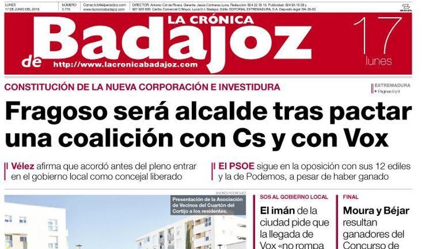 Esta es la portada de LA CRÓNICA DE BADAJOZ correspondiente al día 17 de junio del 2019