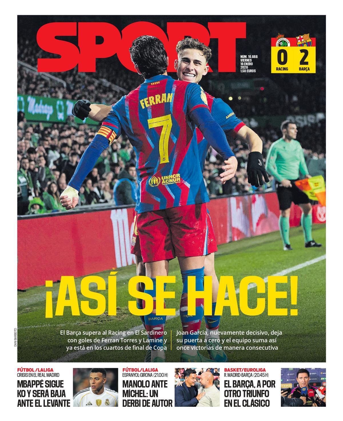 Esta es la portada de SPORT de hoy viernes, 16 de enero de 2026