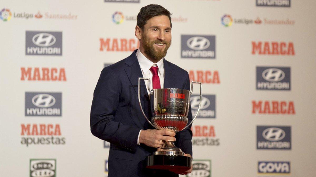 Leo Messi durante la ceremonia de entrega del Pichichi 2017/18