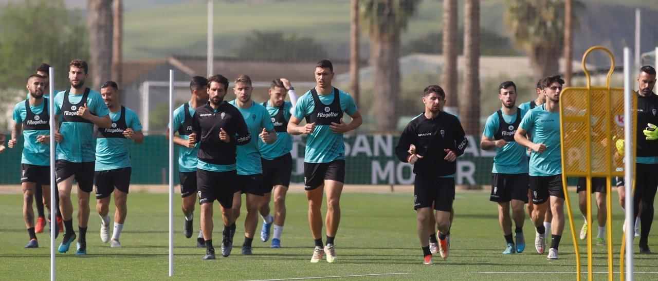 La plantilla del Córdoba CF ejercitándose durante una sesión de entrenamiento de esta semana.