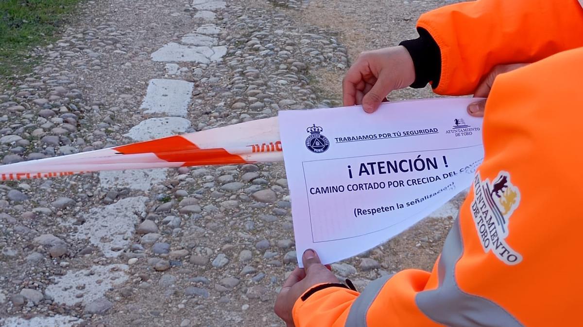 Un efectivo de Protección Civil corta el acceso a un camino cercano al río Duero a su paso por Toro.