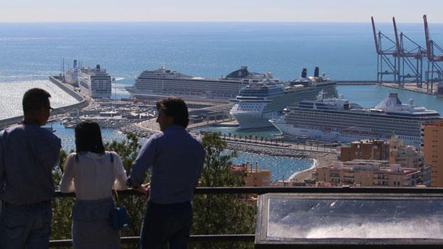 Varias personas contemplan los cruceros desde el mirador de Gibralfaro.